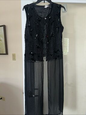Black Beaded Sheer Long Vest Robe - Women Intimates & Sleepwear
